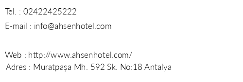 Ahsen Hotel Antalya telefon numaralar, faks, e-mail, posta adresi ve iletiim bilgileri